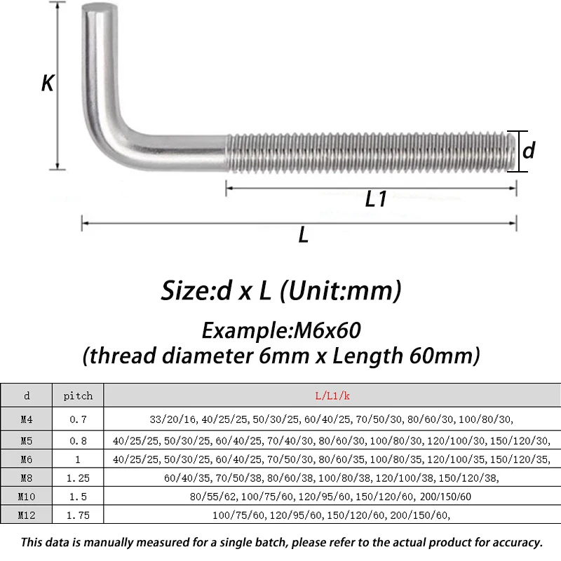 304 Stainless Steel L-Shaped Right Angle Anchor Bolt Screw Single Head M4 M5 M6 M8 M10 M12 7-Shaped for Hardware Construction