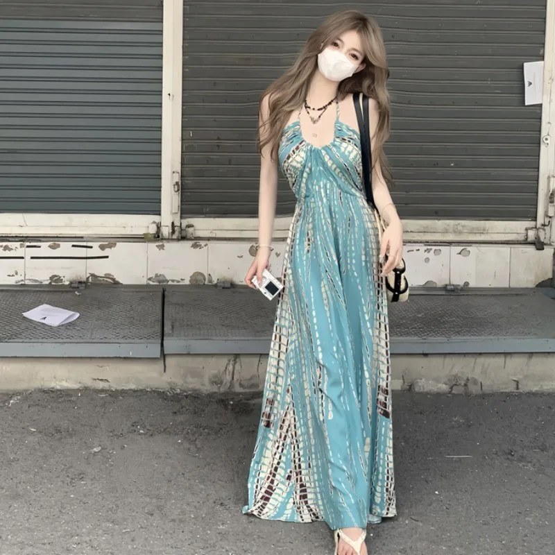 Seaside Vacation Style Bohemian Retro Halter Backless Large Swing Sling Maxi Dress