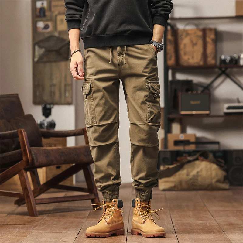 Men's American Retro Casual Pants Solid Color Washed Long Trousers Workwear Multi-Bag Wear-Resistant Ankle Tied All-Seasons