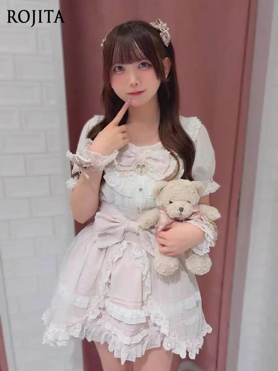 Sweet Lolita Skirt Women Big Bow Lace Ruffle Layered Mesh Short Skirt Japanese Style Kawaii High Waist Cosplay Party Skirt