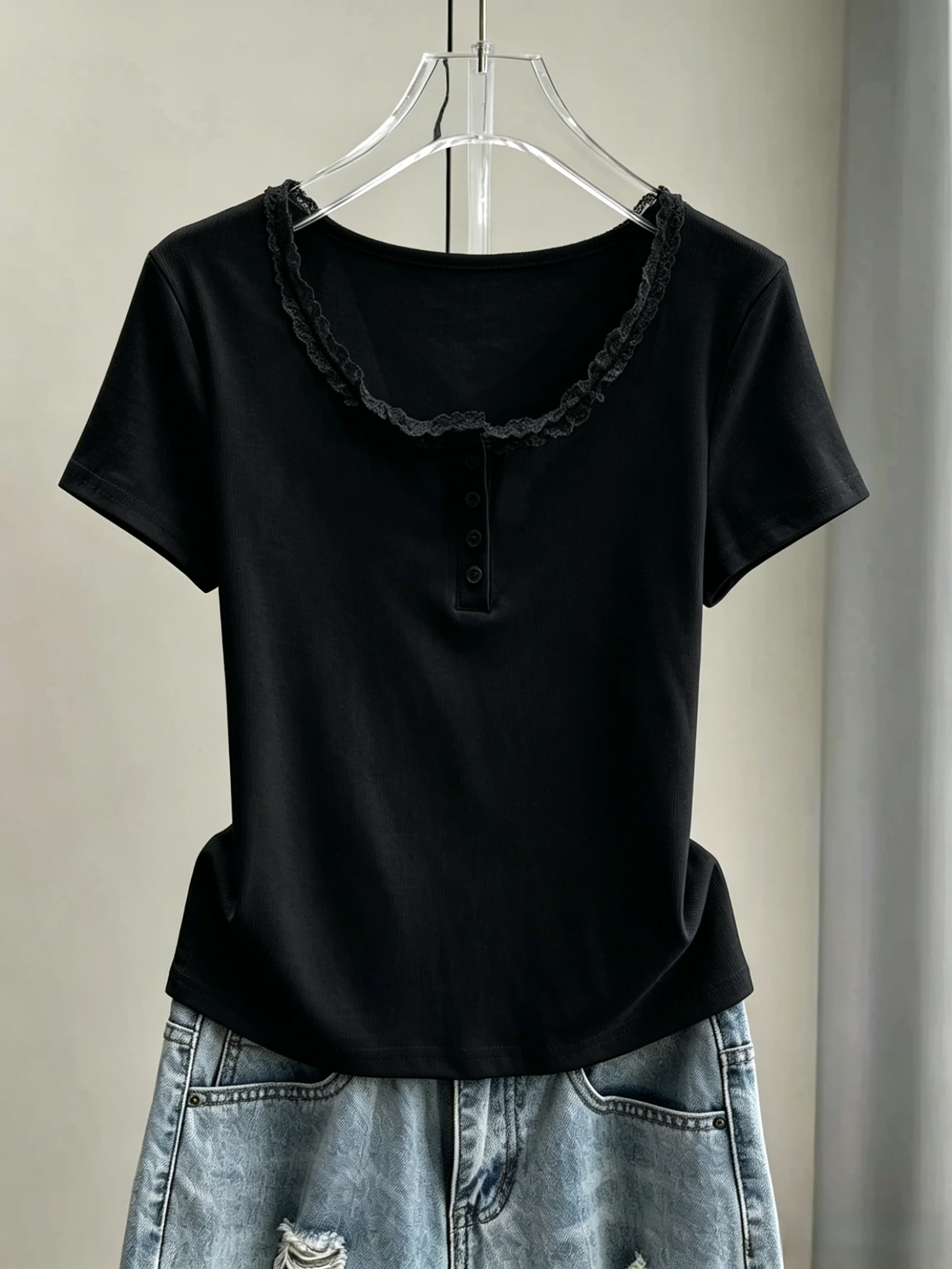 Summer New Women's Slim Fit Short Sleeve T-Shirt 95 Cotton Button up White Casual Comfortable Breathable Fashionable Top