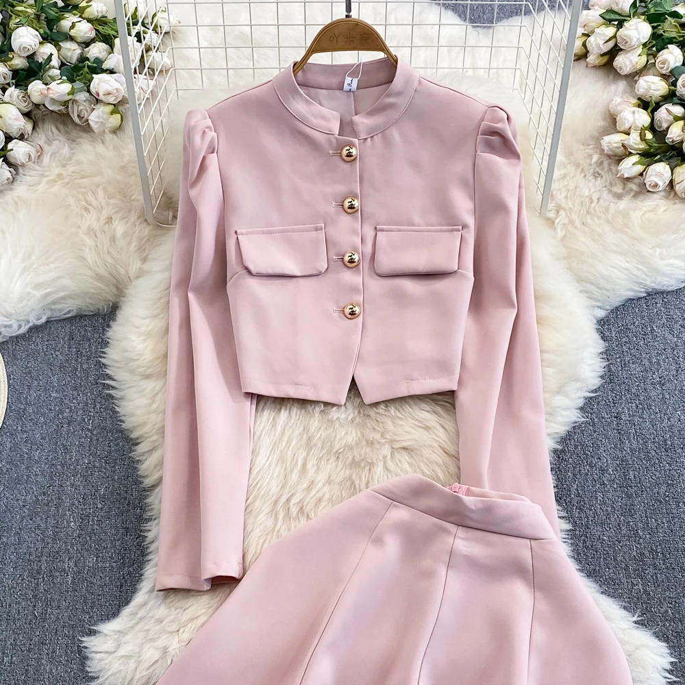 Small Fragrant Two Piece Skirt Women Bubble Long Sleeved Jacket Single breasted Coat Set of Two High Waist Slim A-line Skirt