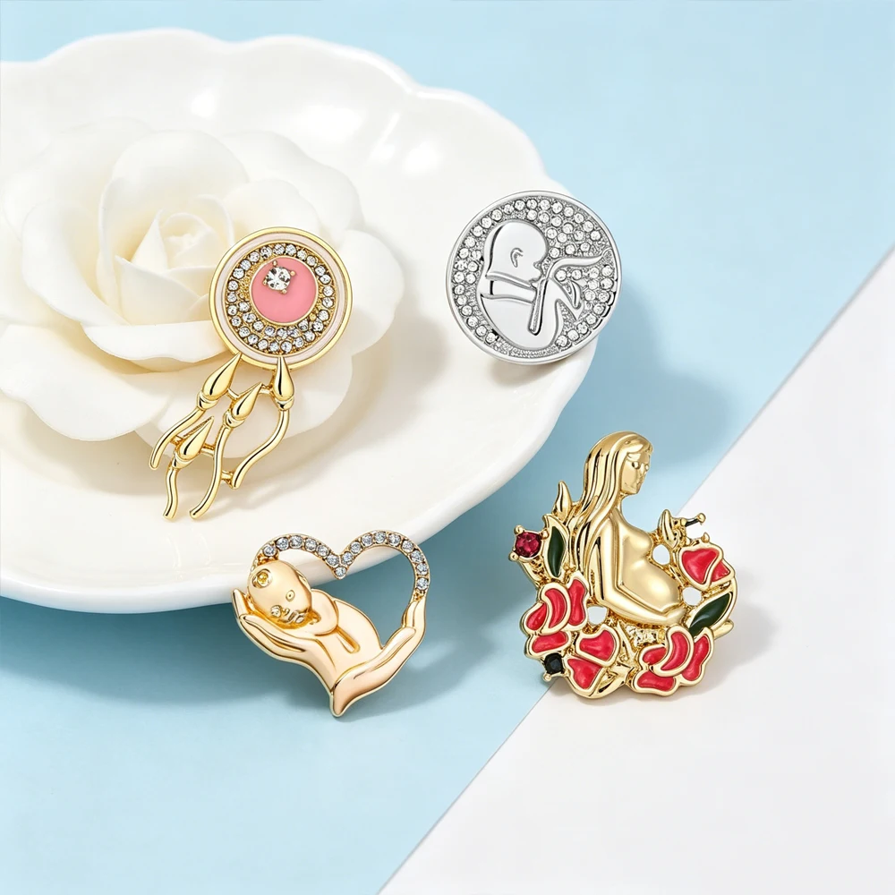 Medical Pediatrics And Obstetrics  Brooches Set With Crystal Pregnant Woman And Baby Wide-Edge Sperm And Egg Design Medical Gift