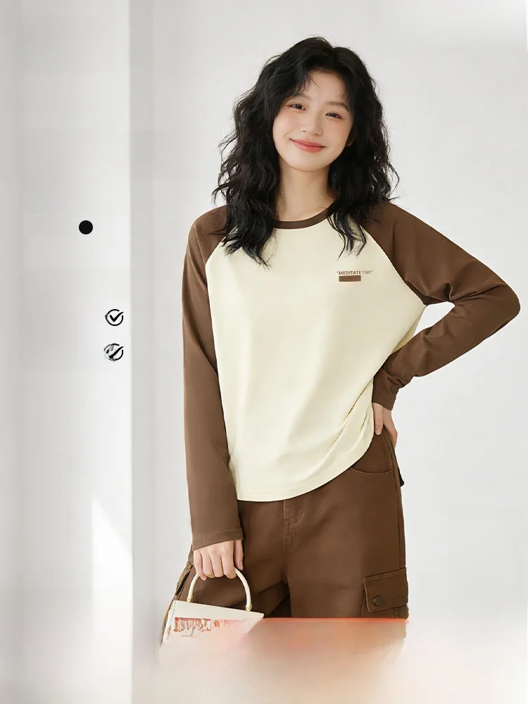 

Женская облегающая футболка с длинным рукавом, повседневная базовая футболка в корейском стиле с принтом, из смеси хлопка и полиэстера, осенне-весенний топ