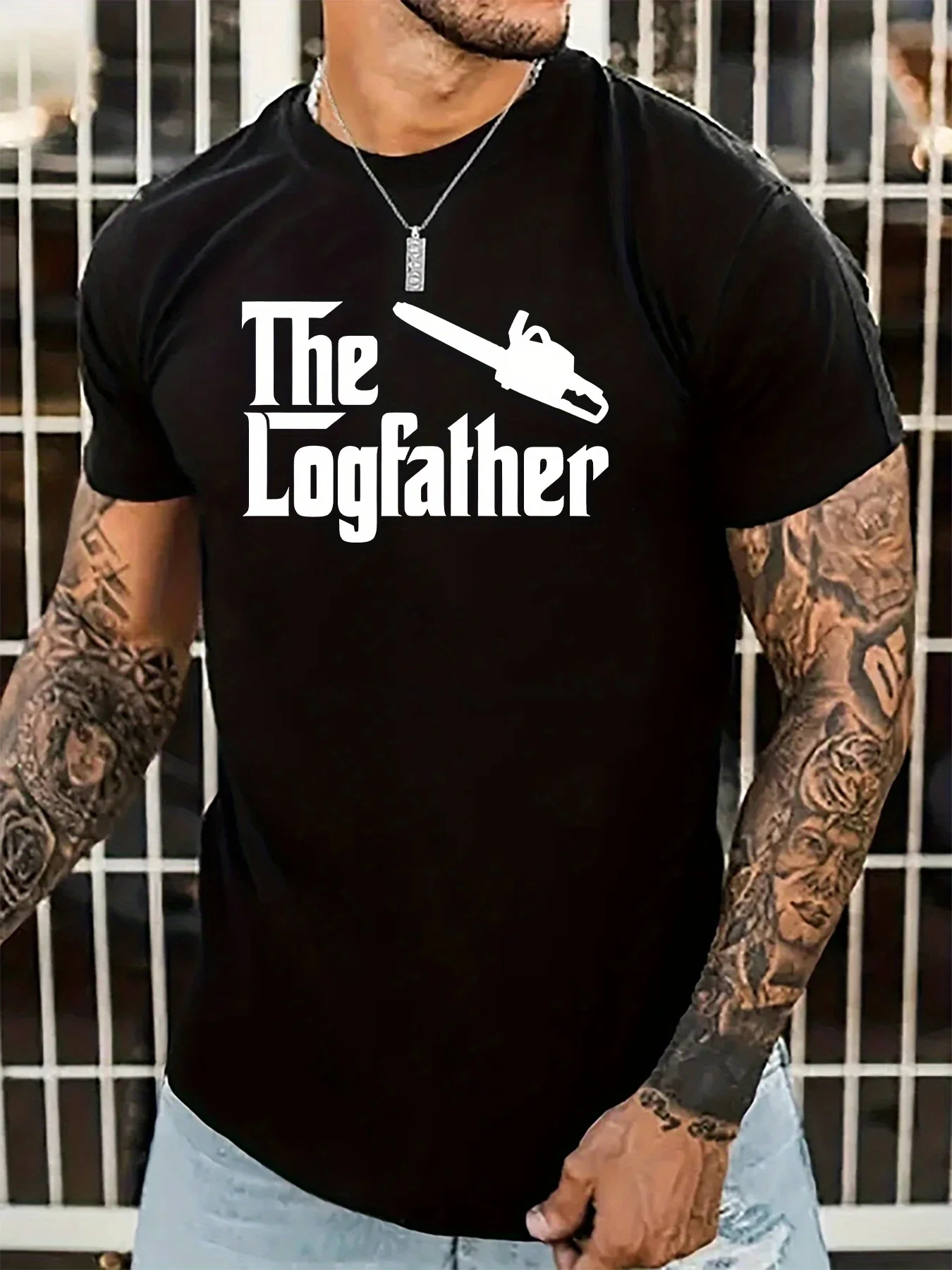 The Logfather Chainsaw Mens Crew Neck T Shirt Lumberjack Humor Print Short Sleeve Casual Cotton Work Streetwear Daily Tee