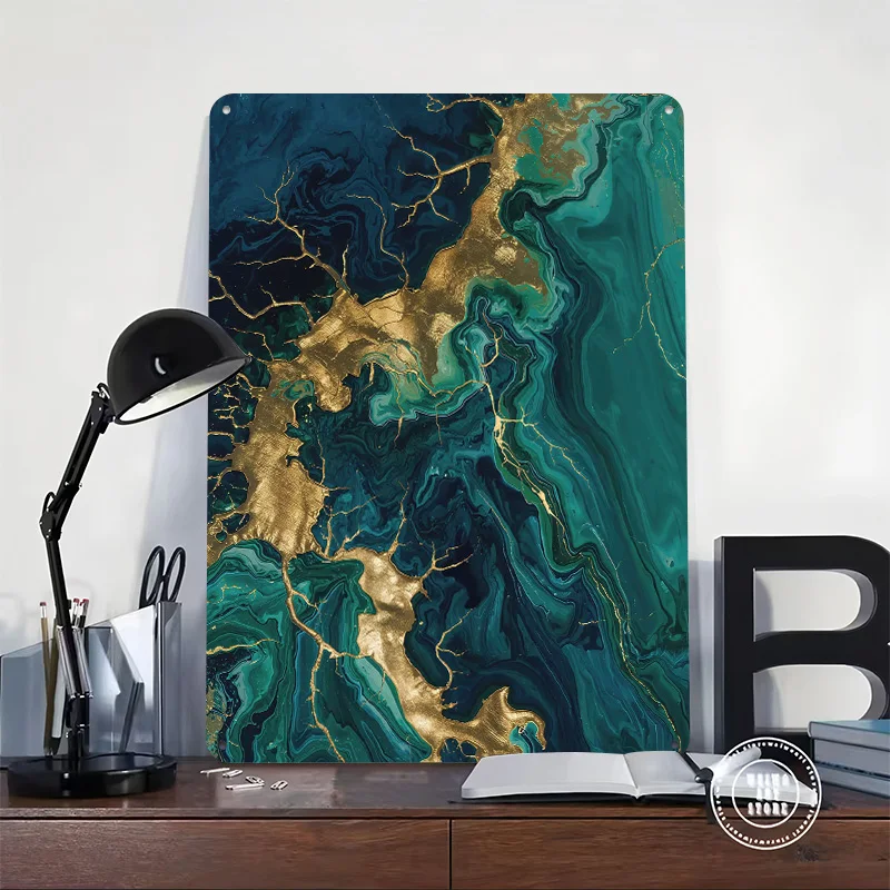 Abstract Teal and Gold Marble Texture 3D Printed Texture Poster Personalized Wall Art Retro Metal Tin Signs for Home Decor Items