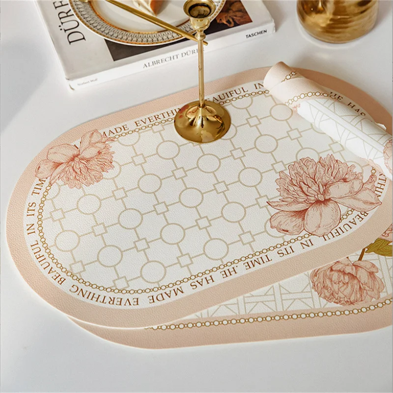 1 Stück 30x45CM Rosa Blumen PU-Leder Ovales Tischset Wasserdicht Ölfest Wärmeisolierend Küchen-Esstisch-Matte Western-Essgeschirr-Untersetzer – Detail 4