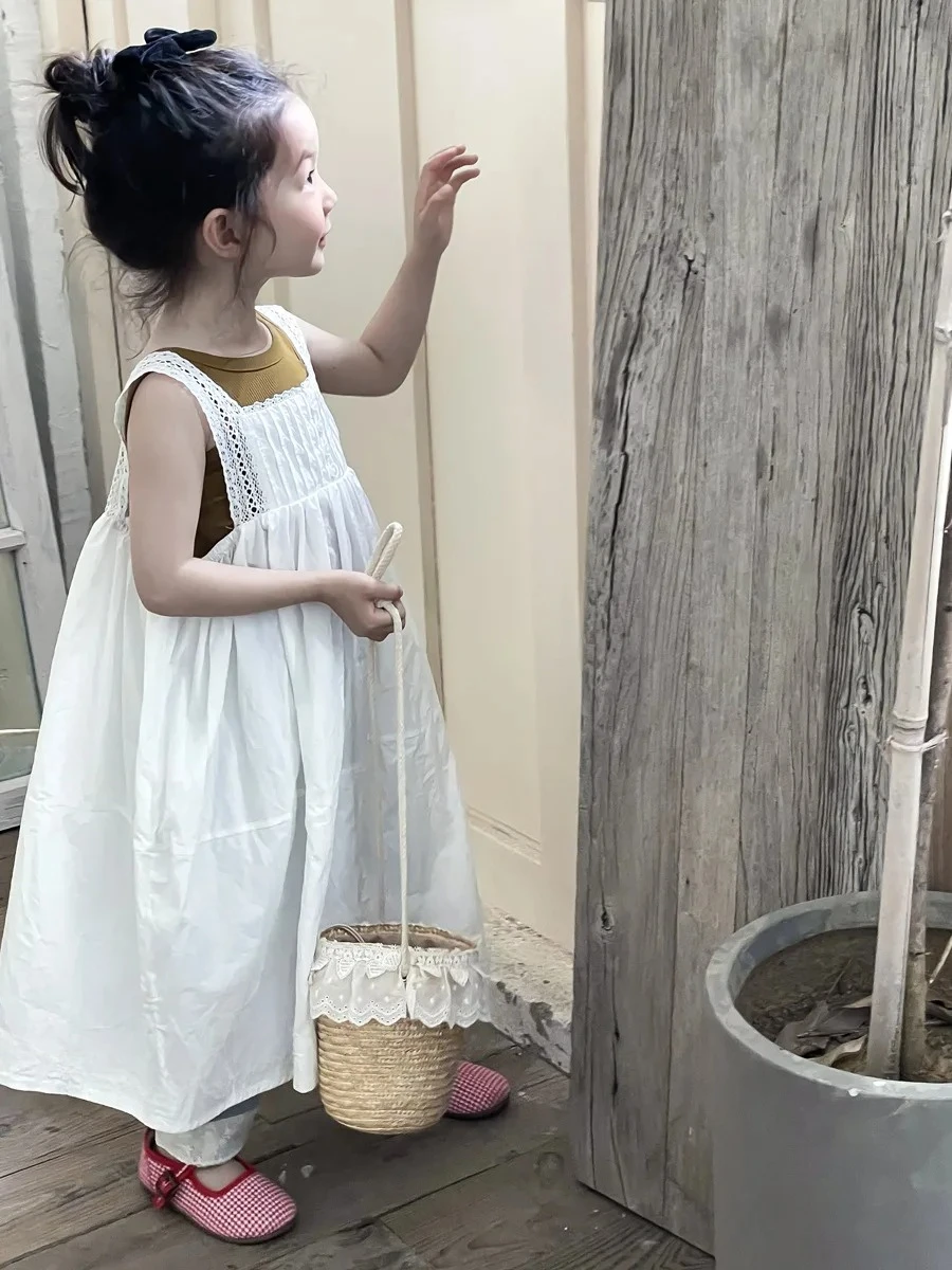 Girls Casual Dresses Princess Summer New Korean 2024 White Lace Flower Edge Vest Long Childrens Clothing Hollowing Out