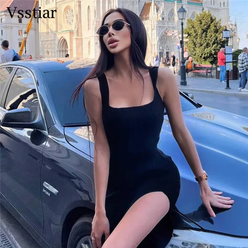 Vsstiar Square Collar Woman Dress Streetwear Black Concise Solid Slit Sexy Bodycon Summer Knitted Midi Dresses for Women Party
