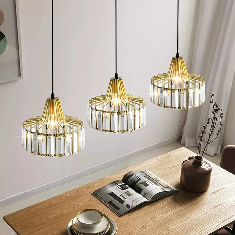 Lámpara colgante LED de cristal nórdico, accesorio Retro dorado de 1/2/3 cabezas para comedor, sala de estar, dormitorio, decoración interior, E27