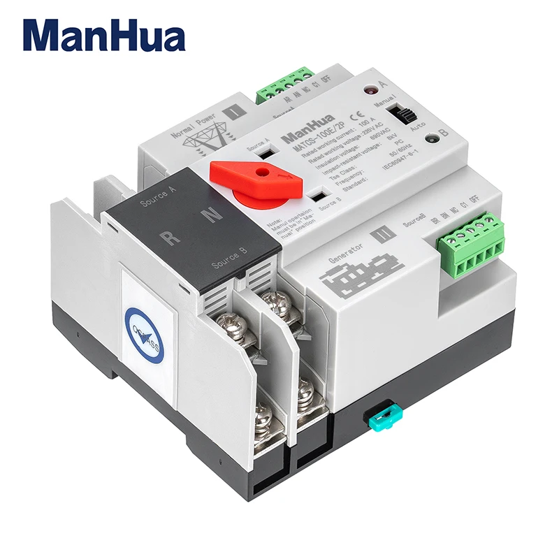 ManHua  MATCS-100E/2P 100A 220VAC  Dual Power  Automatic Transfer Switch PC Type Switch DIN-Rail Mounting  Red Handle