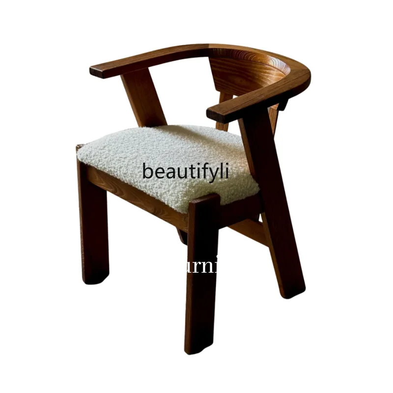 

Home Designer Lamb Fleece Solid Wood Back Chair Leisure Chair Retro Simple Restaurant Medieval Dining Chair