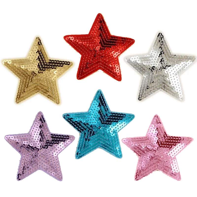 10pcs 9x8.4cm mix five-pointed star red gold silver sequin embroidered patches for clothing badge sew iron on clothes appliques