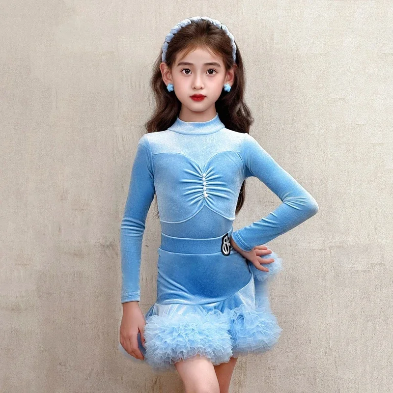 2025 어린이 라틴 댄스 의상 긴 소매 높은 칼라 풍성한 드레스 소녀 차차 룸바 댄스 드레스 대회용 드레스