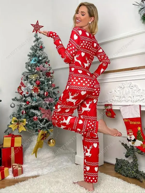 Combinaison de salon pour femmes sur le thème de Noël, motif rayé à blocs de couleurs – Vêtements de nuit confortables à manches longues et col en V pour l'automne et le W