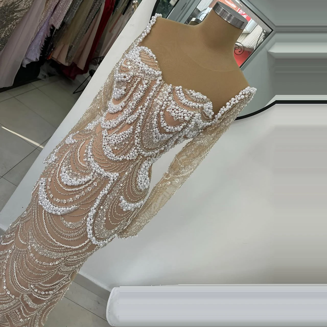 

Wedding Party Dress Pearl beaded mermaid dress Champagne metallic lace long sleeved fitted dress class reunion evening gown