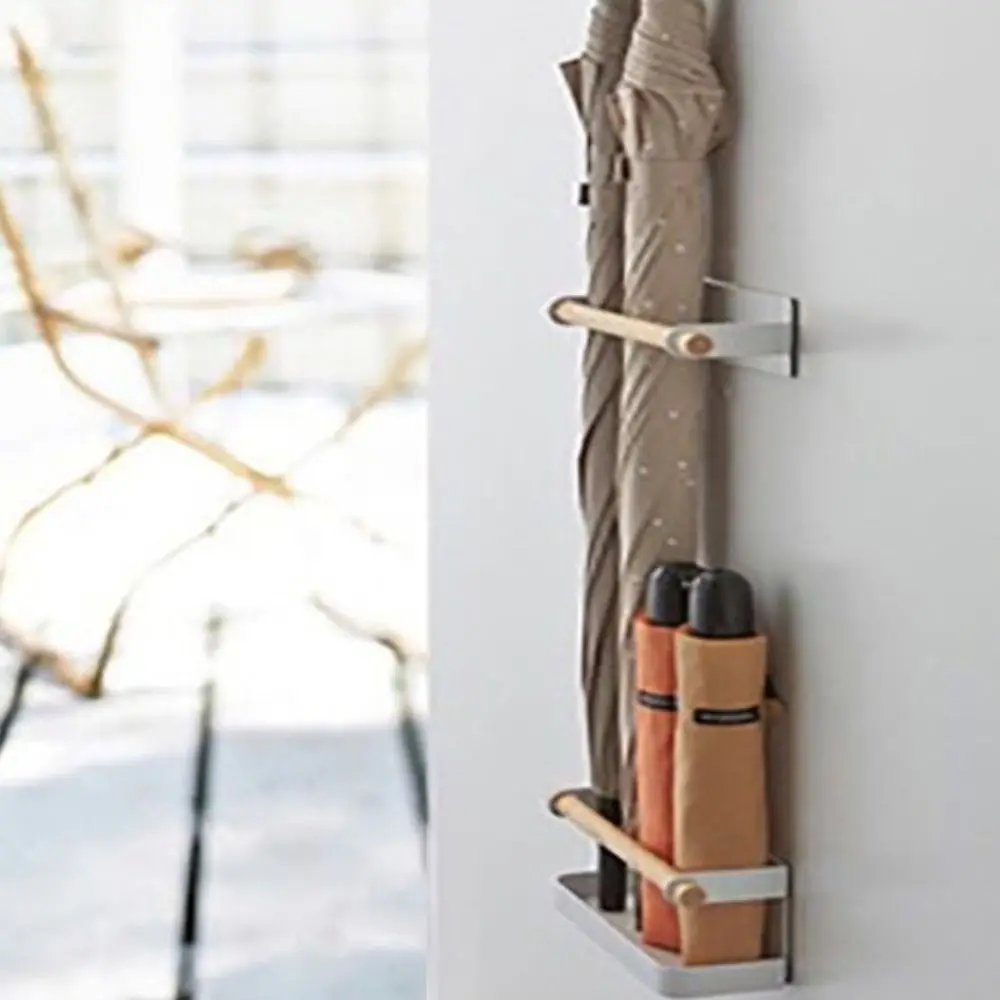 

2Pcs/Set Magnet Sun Umbrella Holder Nail Free with Drip Tray Umbrella Storage Rack White Metal and Wood Umbrella Shelf Household