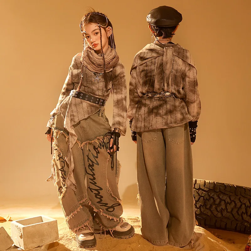 

Kid Wasteland Style Hip Hop Clothing Coffee Distressed Top Casual Raw Hem Jeans Pants for Girl Boy Jazz Dance Costumes Clothes