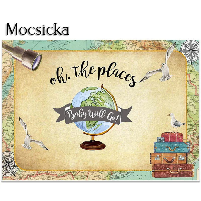 Mocsicka Map Baby Shower Backdrop Boys The Place Baby Will Go Geographic Theme Photography Background Party Decorations Banners