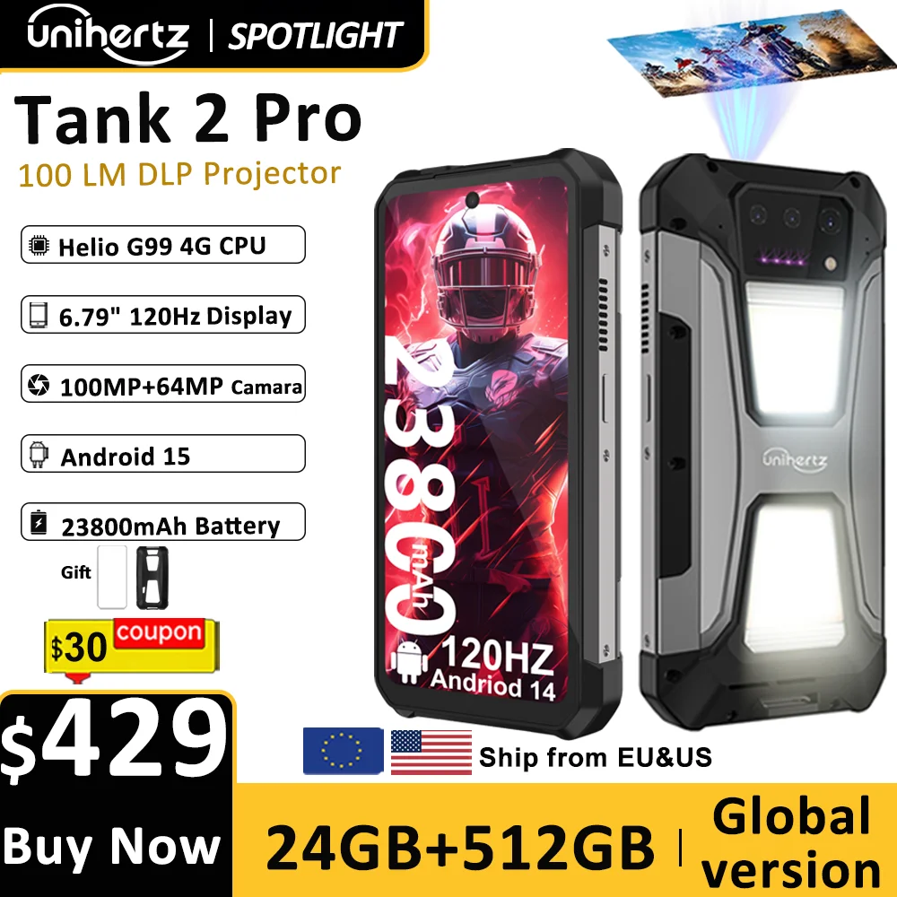 Unihertz tank 2 Pro 8849 rugged smartphone with projector 2.4K 23800 mAh 24GB + 512GB mobile phone Android 14 100MP NFC cell phone