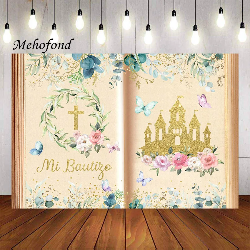 Mehofond – arrière-plan de photographie Mi Bautizo, livre de conte de fées papillon, château fleur, fête de baptême, décoration de Studio Photo