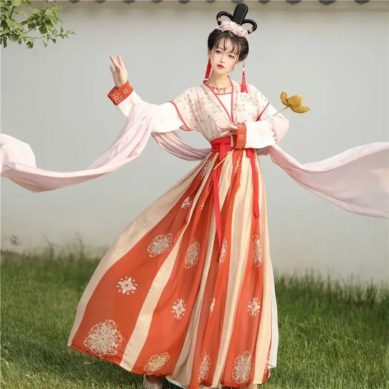 Hanfu auténtico de tres piezas para mujer, falda de la dinastía Tang China hasta la cintura, primavera y verano, vestido tradicional chino, Cosplay rojo