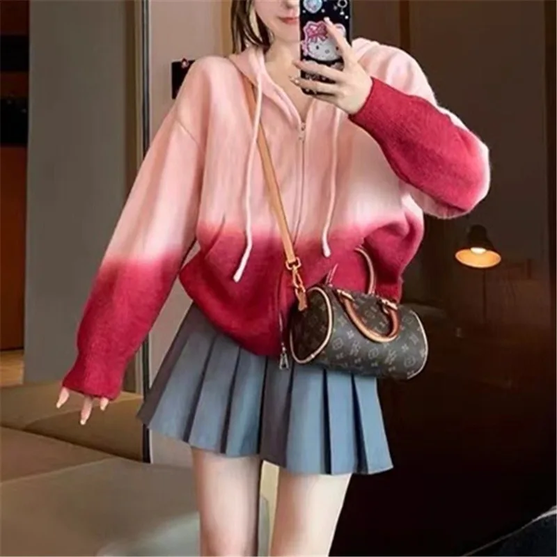 

Women Faionable Gradient Color Hooded Woolen Knitwear Coat Long Sleeve Women's Outerwear Slim Early Autumn Korean Cardigan B928