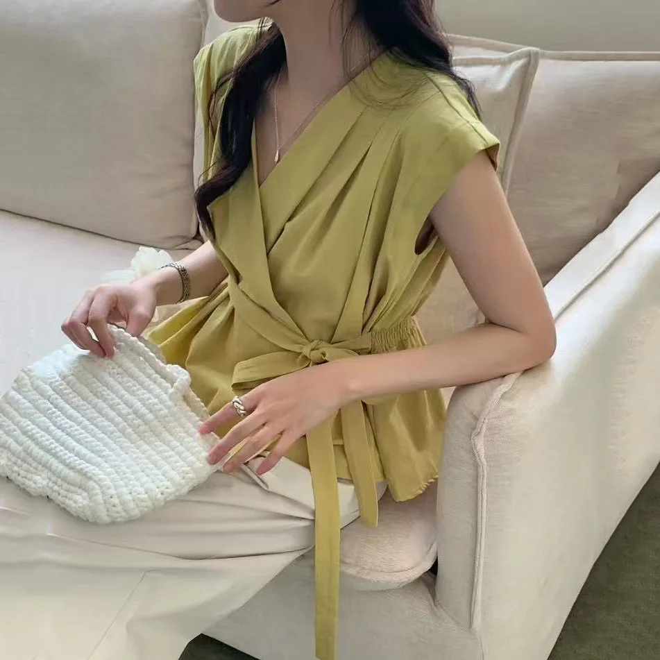 

Retro Simple V-neck Sleeveless Cross Lace-up Blouse Slim-fit Casual Solid Versatile Top For Women Summer Featuring Japan Korean