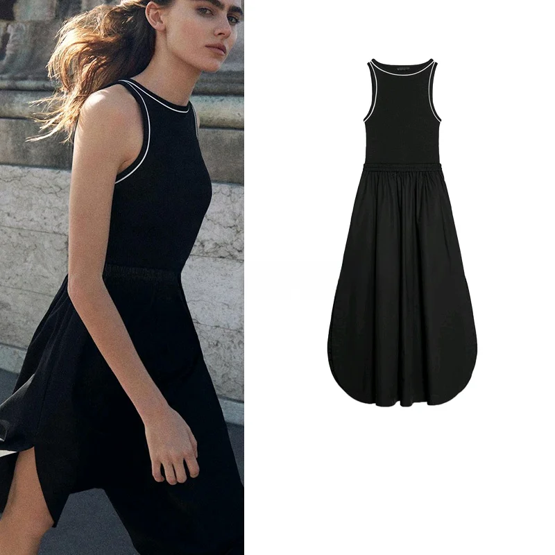 Spring New Arrival Casual Contrast Color Splicing Svel round Ne Midi Dr High Waist A-Line Skirt Polyester Fiber