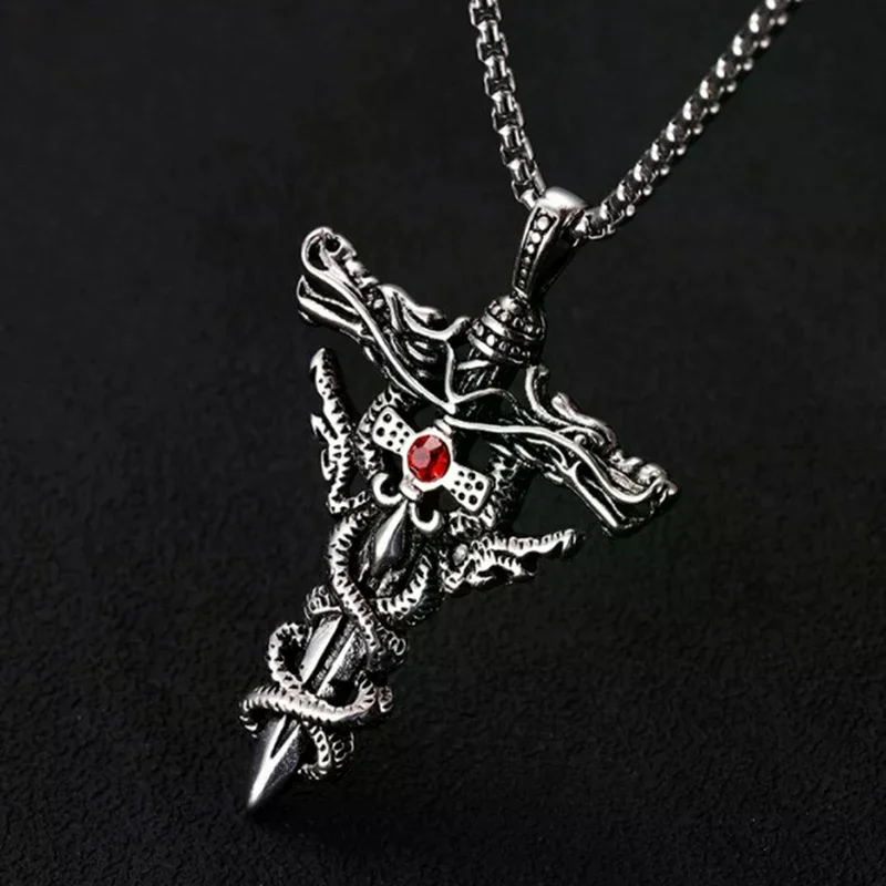 Men's Titanium Steel Necklace Pendant Double Dragon Sword Design Fashion Retro Punk Cross Lucky Fortune Accessory Jewelry Gift