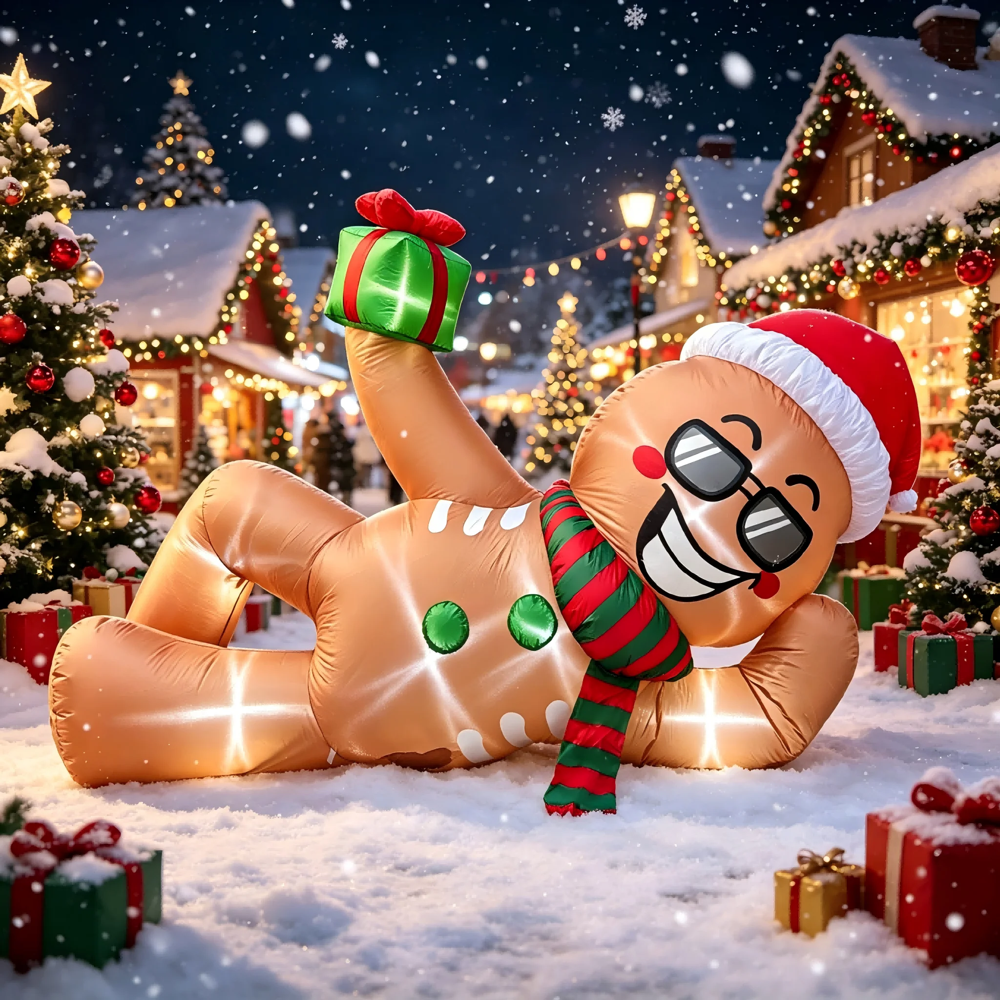 9.5 FT Christmas Inflatable Lying Gingerbread Man with Sunglasses, Built-in LED Lights, Giant Gingerbread Blow Up Decor for Roof, Yard, Garden, Lawn, Inflatable Gingerbread Christmas for Home Holiday Displays