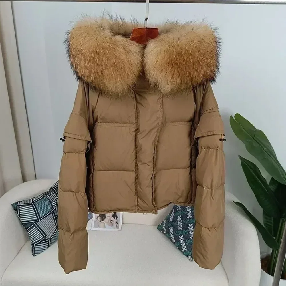 Outerwear Autumn Winter Women Hooded Fashionable Streetwear Detachable Sleeve Real Raccoon Fur Collar Jacket Duck Down Loose