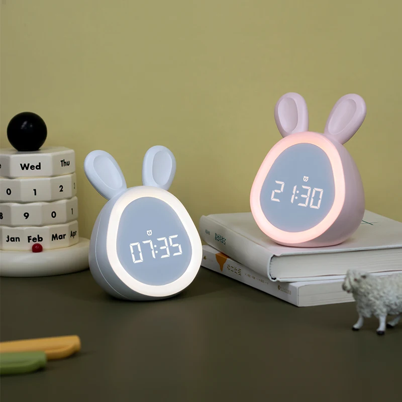 Cartoon Round Rabbit  clock Lamp Student Wakes up Sleep Cute Mini Smart LED kids Time Rabbit night Light