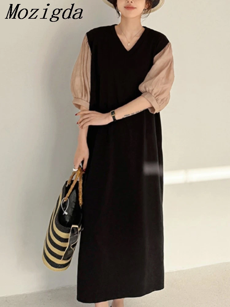 

Summer Chiffon Loose Casual Sleeve Patchwork Dress Korean Vintage V-neck Knee-length Dress Full Sleeve Ladies Dresses Vestidos