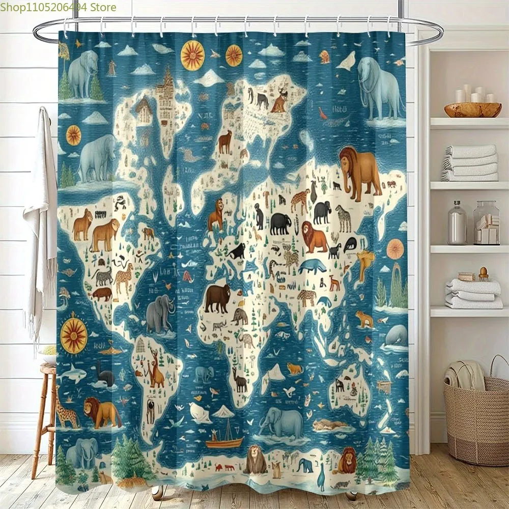 

1 шт. Занавеска для душа с мультяшной картой мира | Коврик для ванной 180x180 см, с игривым животным принтом, из полиэстера, в современном стиле, для использования в ванной комнате, белый.