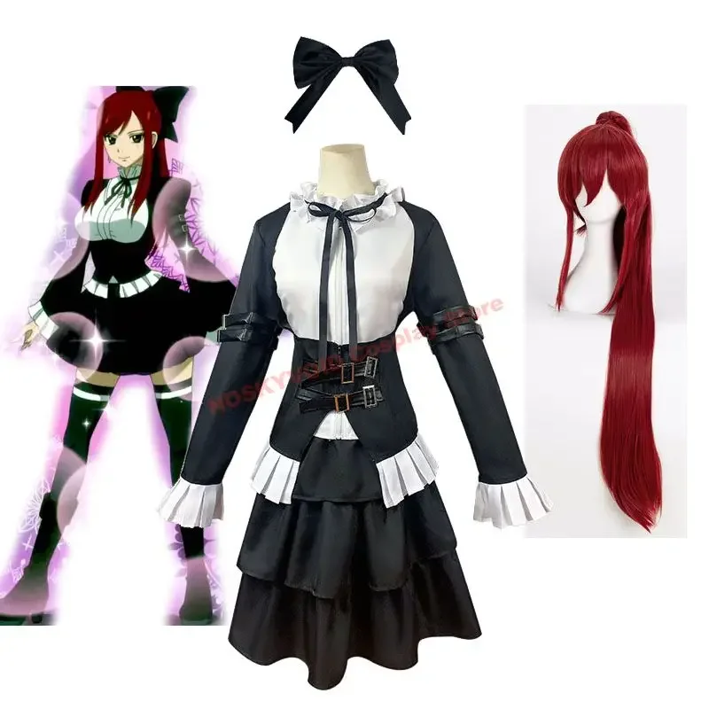 

Fairy Queen Erza Scarlet Cosplay Maid Outfits And Wigs Headwear Anime Lovely Lolita Apron Dress Comic-con Erza's Costumes