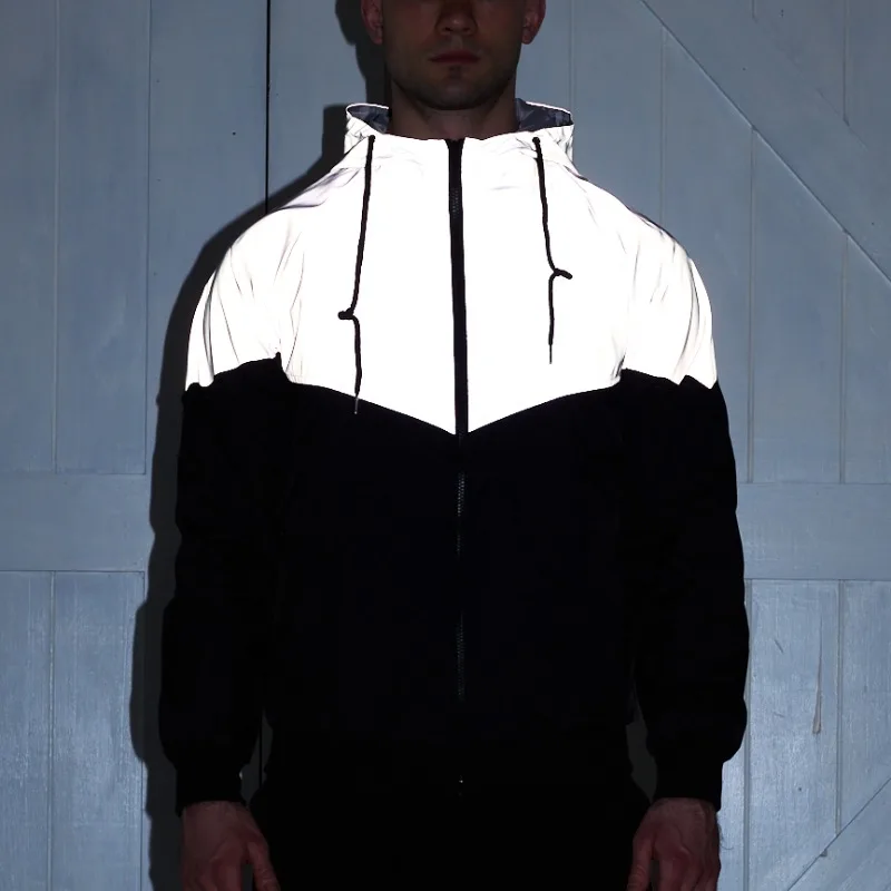 

Night Reflective Jacket Men's Splicing Loose Hooded Coats Outdoor Windproof Cycling Jogging Safety Reflective Hip Hop Jacket