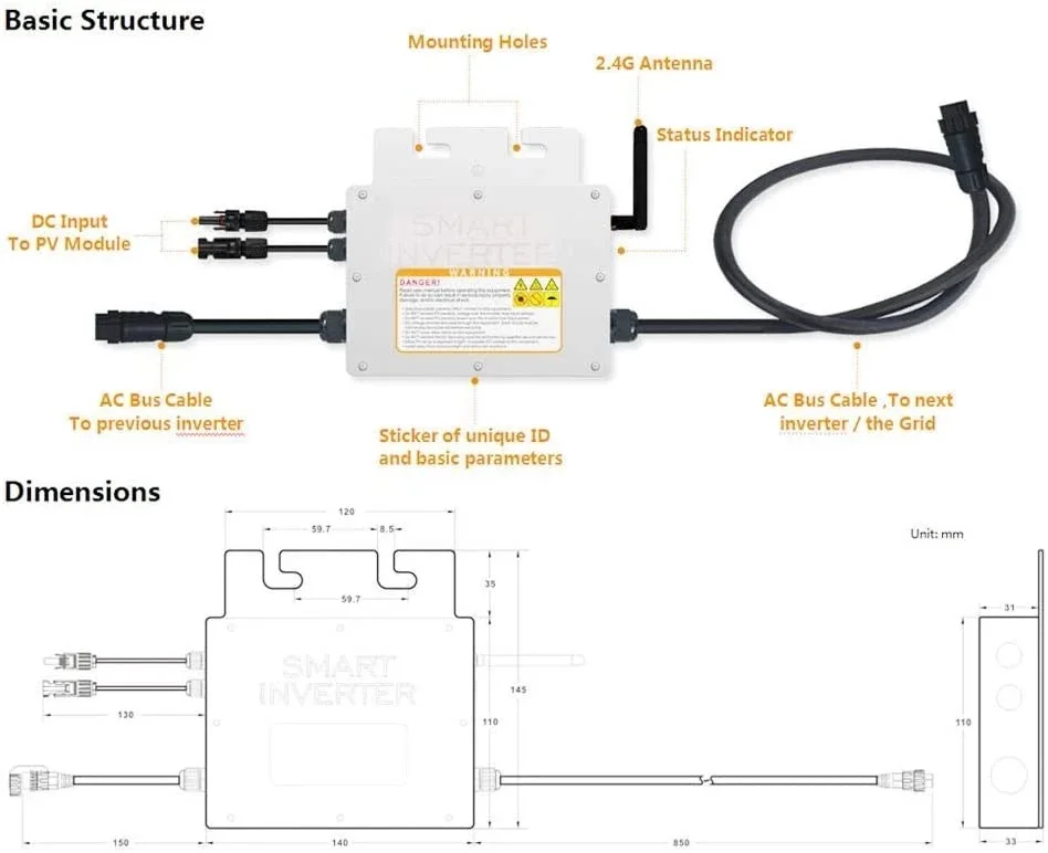 Micro-onduleur solaire 300W MPPT, étanche, DC30-60V PV, entrée ac 220V, sortie à onde sinusoïdale Pure, pour panneau PV 30V 36V