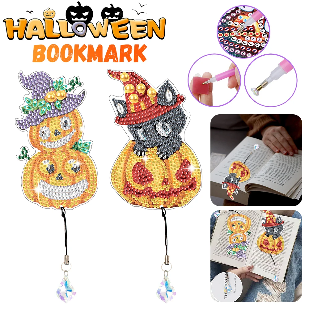 2Pcs Special Shape Halloween Pumpkin Cat DIY Bookmarks Diamond Painting Kits Diamond Art Bookmark with Pendant for Book Lovers