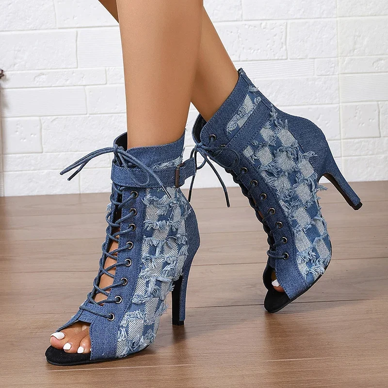 Denim Women Peep Toe Ankle Boots Fashion Elegant Breathable Shoes High Heel Autumn Women\'s Morder Short Booties