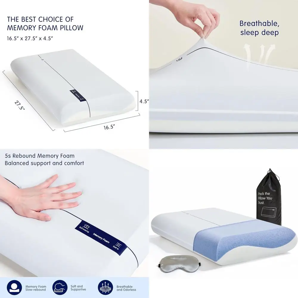 

Ergonomic Memory Foam Pillow for Neck Support, Dual Firmness, Ideal for All Sleep Positions, Plus Free Eye Mask, 4.5 Thick
