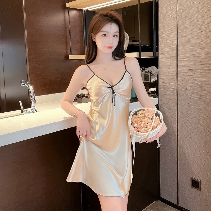 2024 Autumn 2PCS Silk Satin Sexy Lingerie Nightgowns Robes Sets for Women Korean Cute Bathrobe Sleepwear Nightdress Night Dress