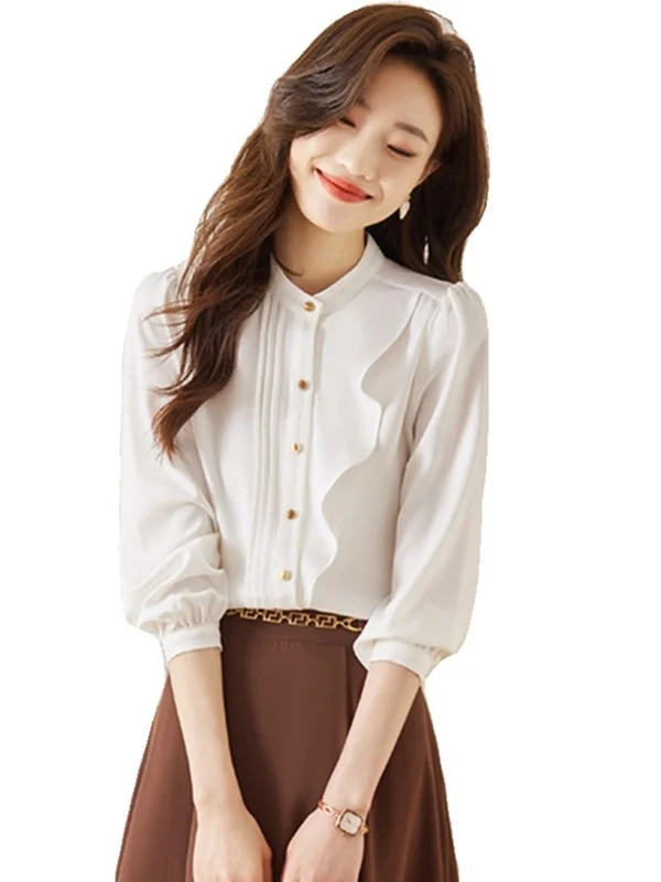 Langarmshirts für Damen, gestreift, Baumwolle, Knopfleiste, lockere Passform, minimalistisch, feminin, jugendlich, adrettes Frühlings-Freizeit-Outfit