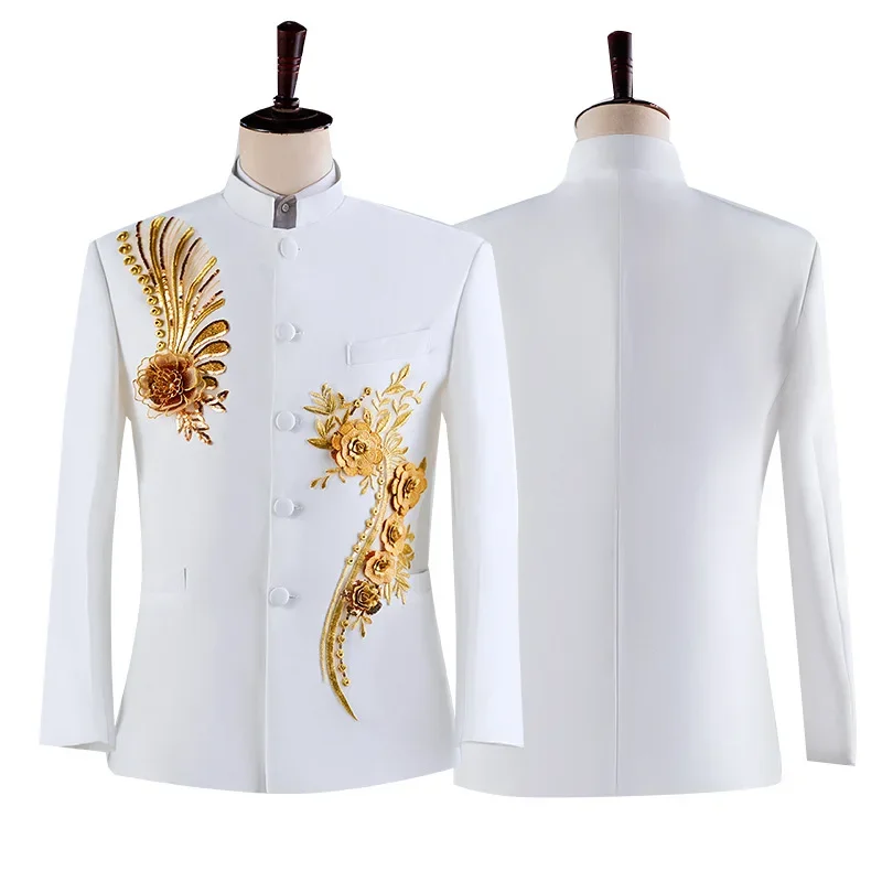 (سترة + بنطلون) أزياء الرجال مرحلة الأداء فستان الدعاوى 2025 جديد الذكور النمط الصيني الوقوف طوق ملصق مائي السترة وبنطلون