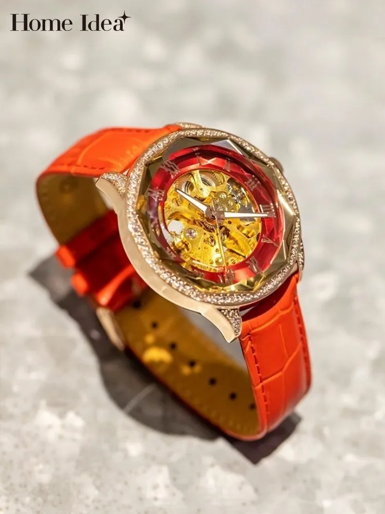 New Diamonds Luxury Women Mechanical Watch High Quality Genuine Leahter Strap Pin Buckle Elegant Wristwatch Party Accessories
