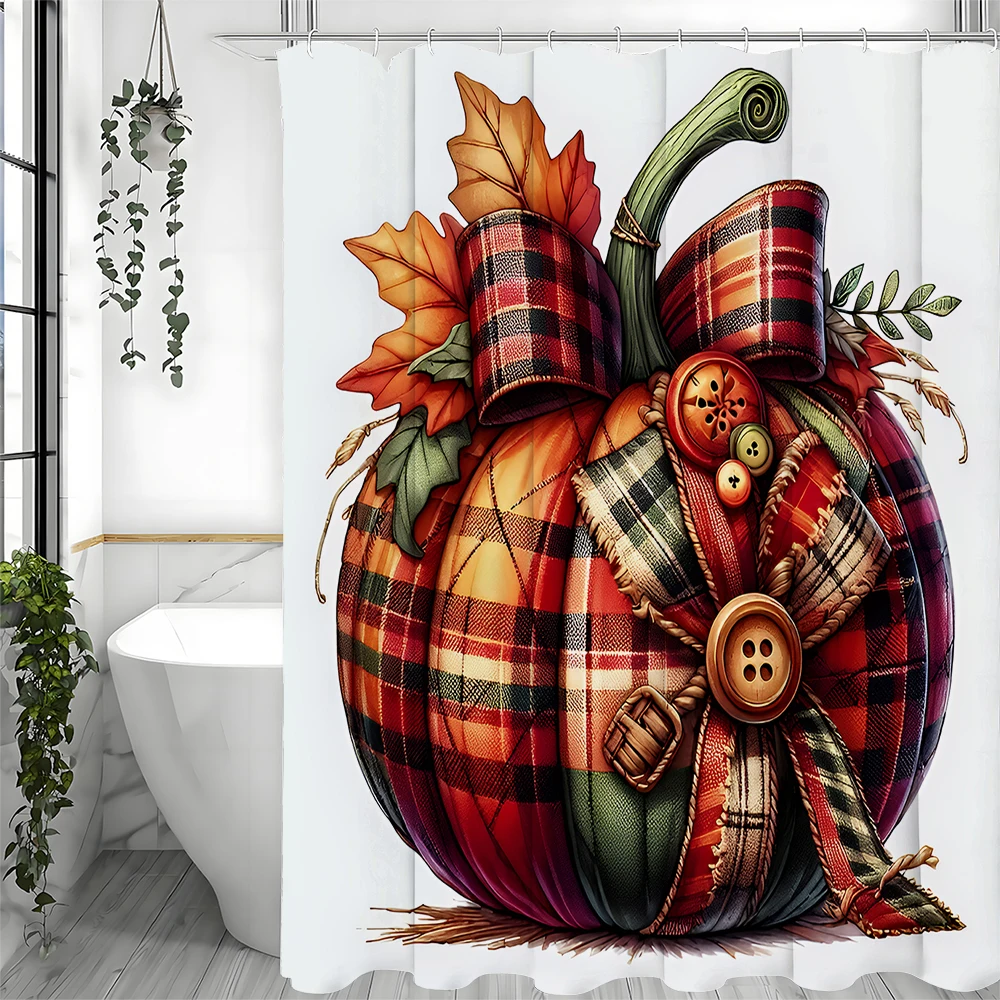 Fall Pumpkin Check Shower Curtain, Bathroom Decorative Shower Curtain, Waterproof Shower Curtain with Hooks