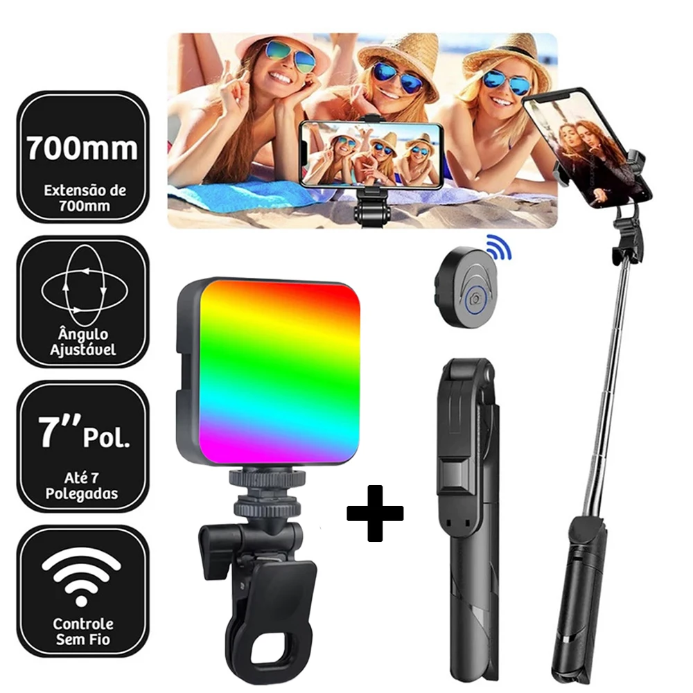 Kit Fotografia Profissional Tripé Selfie Com Controle Remoto E Luz RGB Ring Light Para Celular Criador De Conteúdo