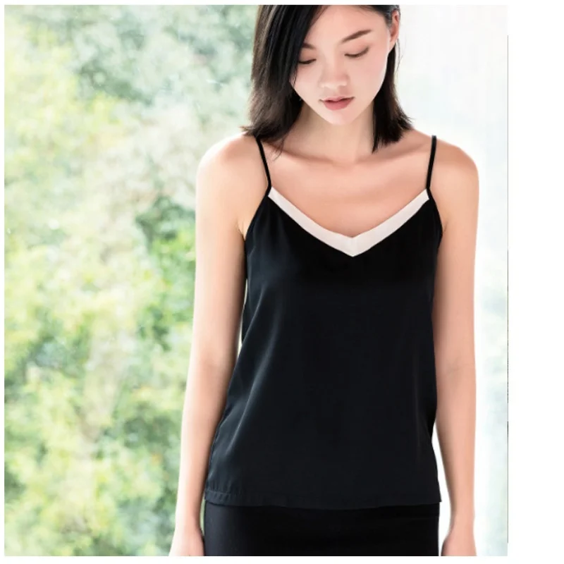 

Birdsky, 1PC Women tank top tanks camisole tee Vest V neck 6A 89% real mulberry silk 11%spandex black white patchwork, S-724