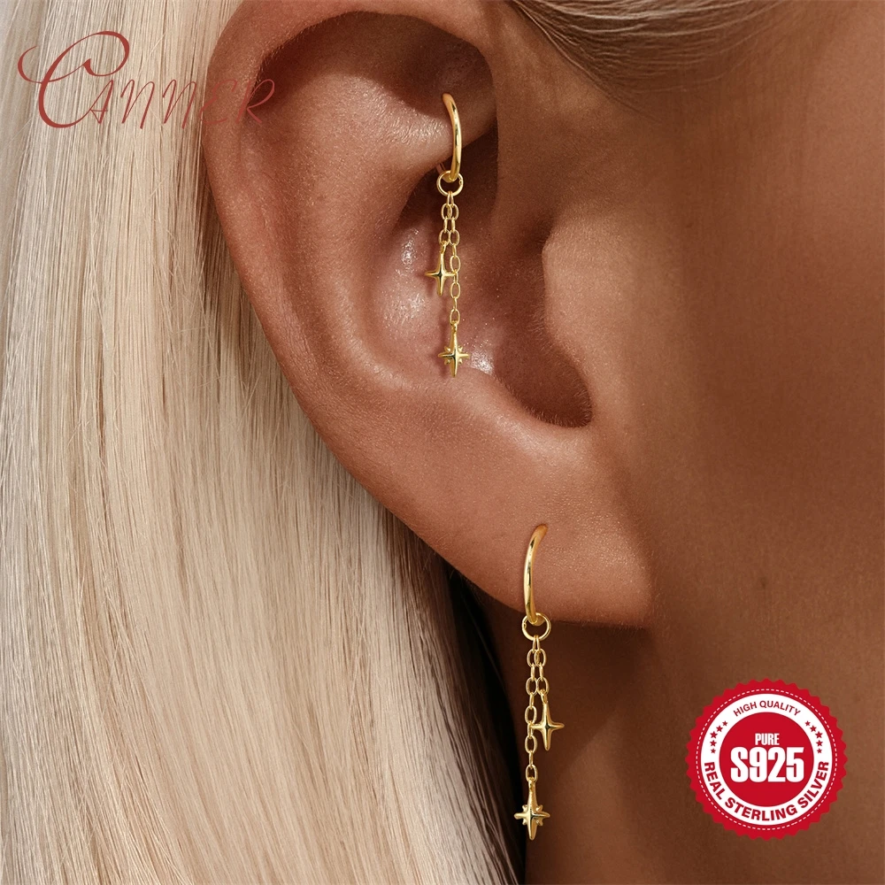CANNER 925 Sterling Silver New Design Chain Hoop Earring For Women Star Moon Pendant Cartilage Earring Piercing Summer Jewelry