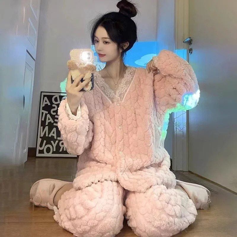 ملابس نوم من الصوف المرجاني للنساء، الخريف والشتاء مع طقم بدلة منزلية بغطاء للرأس من الفلانيل بنقطة سميكة وحلوة ملونة #6